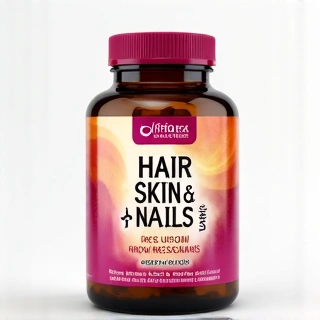 Isang bote ng Hair, Skin & Nails supplement, na may disenyo na nagpapahiwatig ng kagandahan at kalusugan.