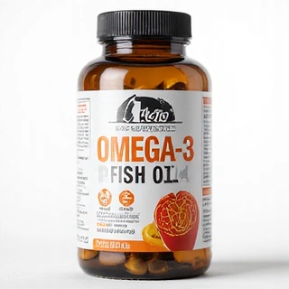 Isang bote ng Omega-3 supplement, na may disenyo na nagpapahiwatig ng benepisyo sa puso at utak.