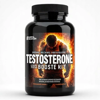 Isang bote ng Testosterone Booster, na may disenyo na nagpapahiwatig ng lakas at sigla ng lalaki.