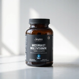 Isang bote ng premium na multivitamin para sa lalaki, na may malinis at modernong disenyo.