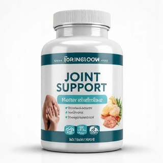 Isang bote ng joint support supplement, na may disenyo na nagpapahiwatig ng flexibility at ginhawa.