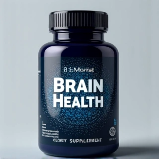 Isang bote ng Brain Health supplement, na may disenyo na nagpapahiwatig ng mental clarity.