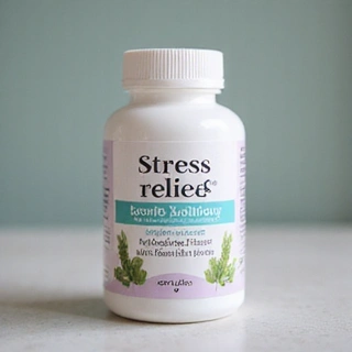 Isang bote ng Stress Relief supplement, na may disenyo na nagpapahiwatig ng kapayapaan at pagpapahinga.