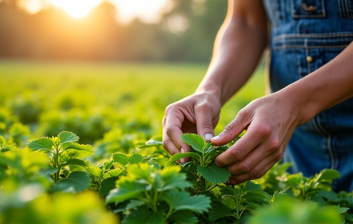 Larawan ng magsasaka na maingat na nag-aani ng mga halamang gamot