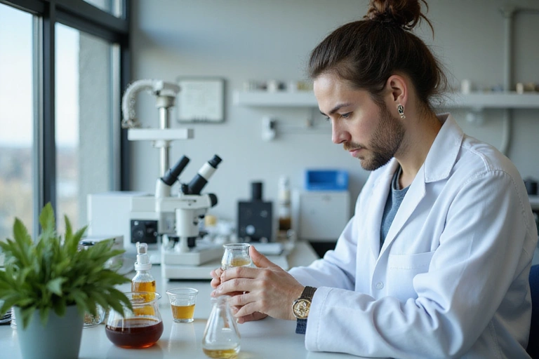 Larawan ng isang siyentipiko na nagsusuri ng herbal extract sa laboratoryo