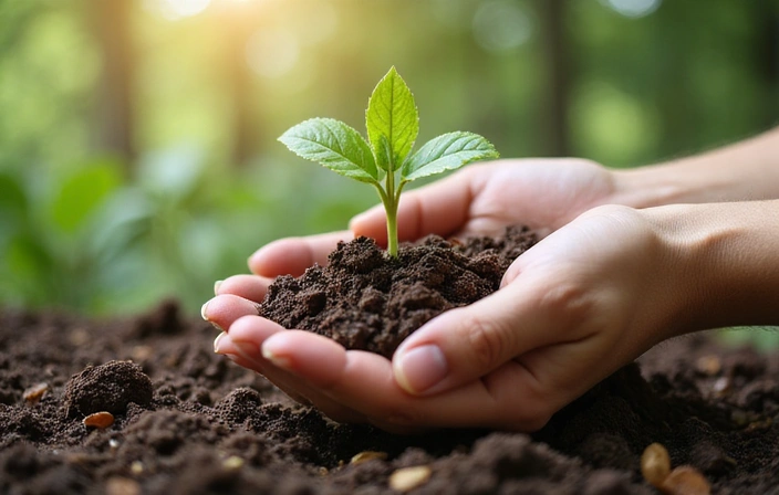 Larawan ng kamay na may hawak na sprout sa lupa, sumisimbolo sa paglago at sustainability