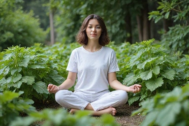 Isang babaeng nagmumuni-muni sa hardin ng mga halaman.