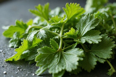 Mga sariwang damo at gulay na may patak ng tubig.